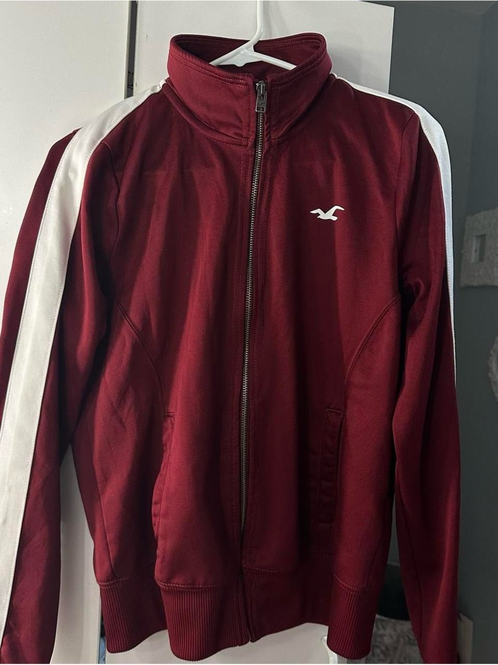 Hollister Women’s Burgundy Zip-Up Track Jacket with White Shoulder Stripes